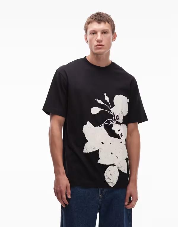 トップマン メンズ トップス Tシャツ オーバーサイズフィット フラワー柄 プリント シャツ フラワー Topman oversized fit Tshirt with mono floral pri