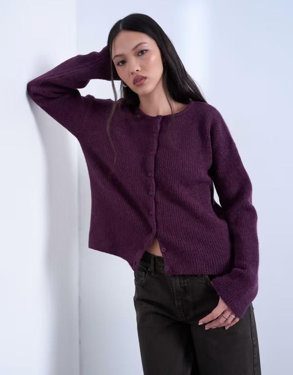 トップショップ レディース アウター カーディガン リブ ニット Topshop knit easy ribbed relaxed cardigan in plum プラム