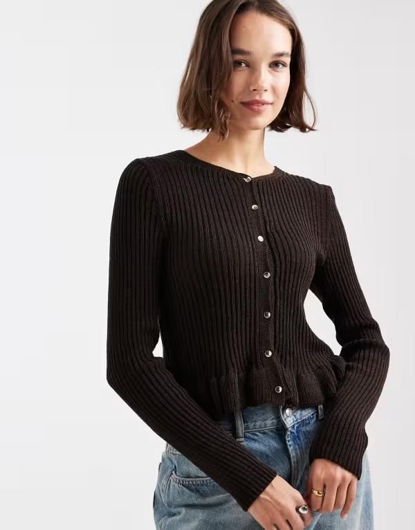 ミスセルフフリッジ レディース アウター カーディガン ニット Miss Selfridge peplum knit cardigan in chocolate Chocolate チョコレート