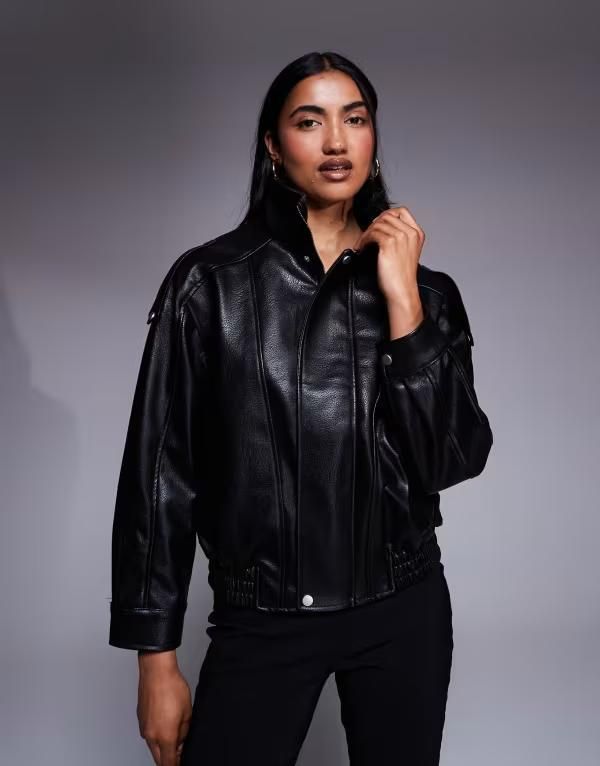 リバーアイランド レディース アウター ジャケット・ブルゾン スタンドネック レザー フェイクレザー ジャケット River Island batwing sleeve funnel neck fau