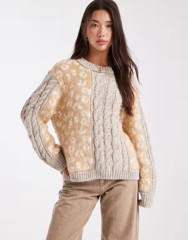 エイソス レディース アウター ニット・セーター セーター ニット ASOS DESIGN sweater in cable knit and animal mix Oatmeal オートミール