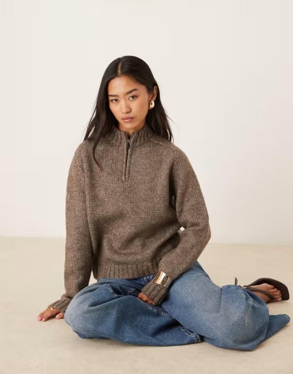 モーテル レディース アウター ニット・セーター ハーフジップ セーター Motel Lamara quarter zip sweater in dark brown heather BROWN ブラ