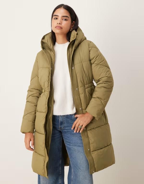 ジェイディーワイ レディース アウター コート ウエストマーク JDY cinched waist longline puffer MID GREEN グリーン