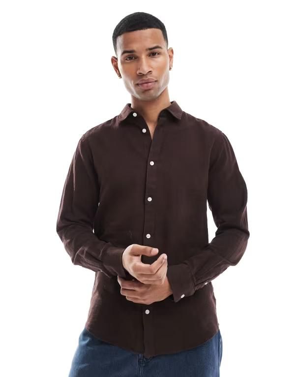 オンリーアンドサンズ メンズ トップス シャツ リネン Only Sons linen mix long sleeve shirt Coffee bean コーヒー