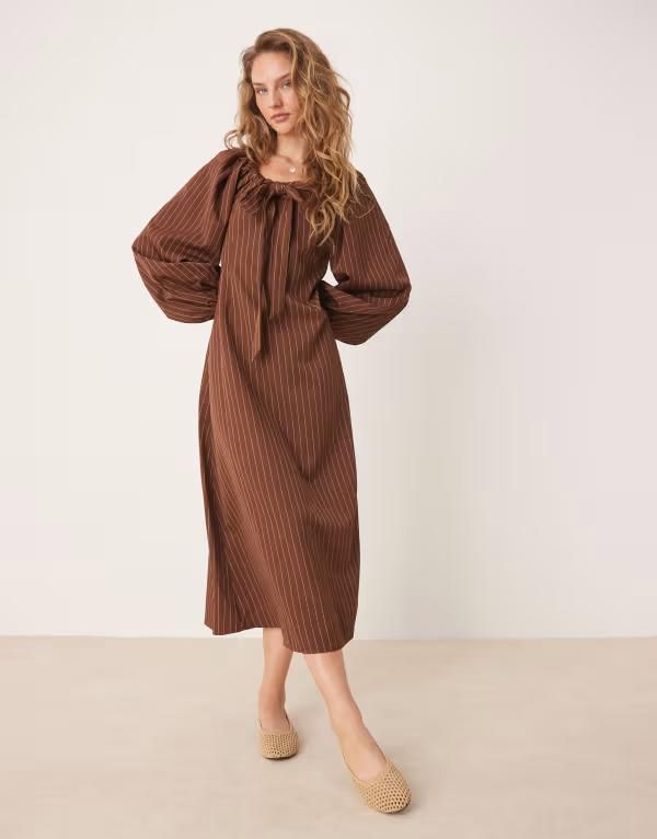 グラマラス レディース トップス ワンピース マキシ Glamorous tie front volume sleeve maxi smock dress white stripe BROWN WHI