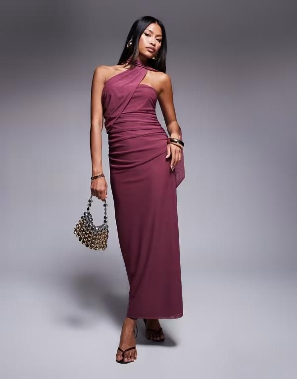 エイソス レディース トップス ワンピース マキシワンピース メッシュ マキシ ASOS DESIGN bandeau mesh maxi dress with scarf detail in dus