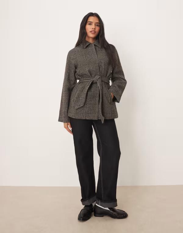 ジェイディーワイ レディース アウター コート JDY tie waist coat in dark plaid Gray グレー