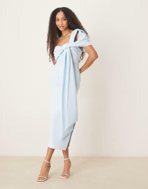 エイソス レディース トップス ワンピース ミディワンピース ミディ スキューバ ASOS DESIGN scuba off the shoulder bow detail midi dress in