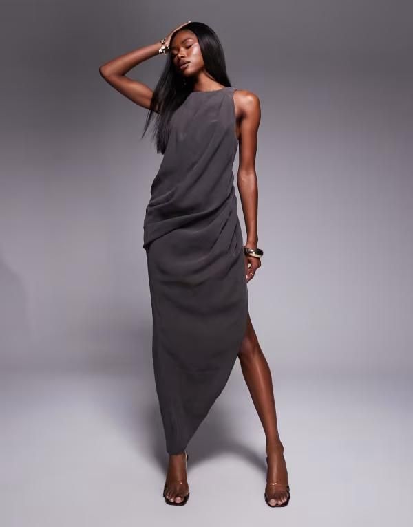 エイソス レディース トップス ワンピース アシンメトリー マキシワンピース ドレープ マキシ ASOS DESIGN asymmetric hem drape maxi dress in charc