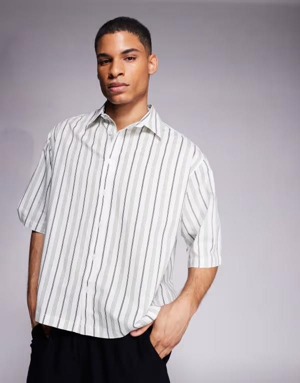 エイソス メンズ トップス シャツ ASOS DESIGN boxy regular shirt and green stripes GREEN グリーン