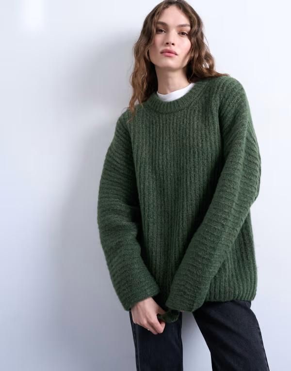 トップショップ レディース アウター ニット・セーター リブニット バルーンスリーブ セーター ニット Topshop rib knit balloon sleeve sweater Green グリ