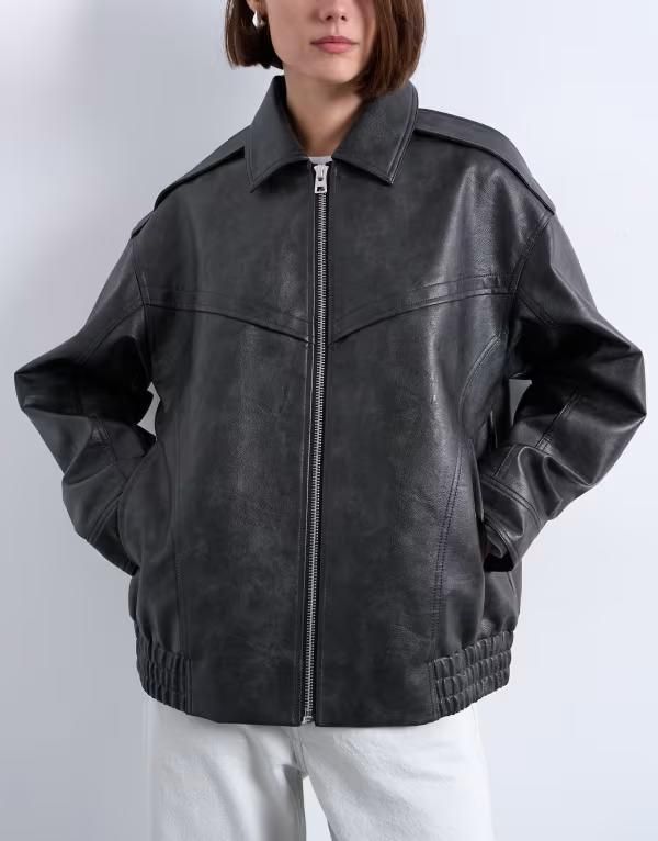 トップショップ レディース アウター ジャケット・ブルゾン ヴィンテージ レザー フェイクレザー ジャケット Topshop faux leather bubble vintage wash seam