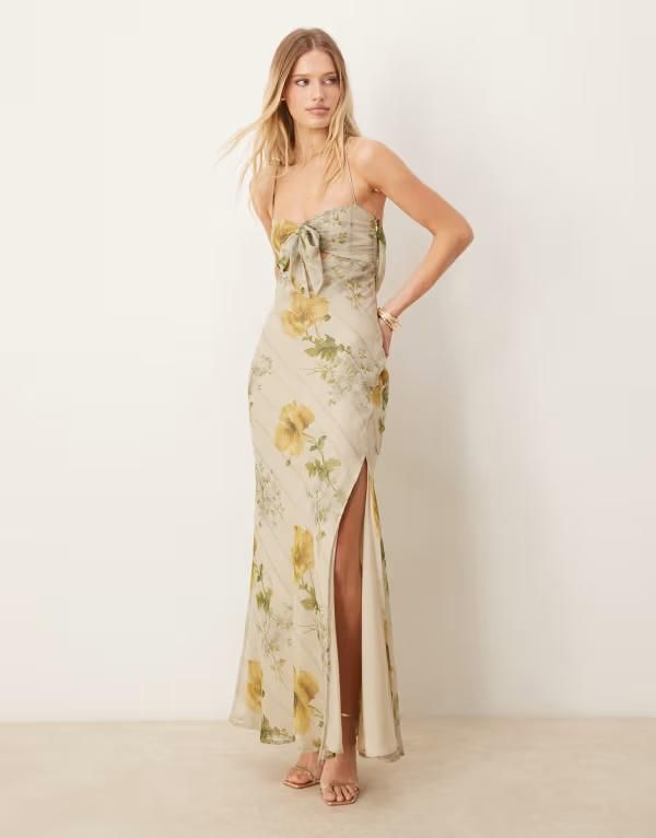 エイソス レディース トップス ワンピース シフォン マキシワンピース フラワー柄 プリント サテン マキシ フラワー ASOS DESIGN satin bust bow front chiffon