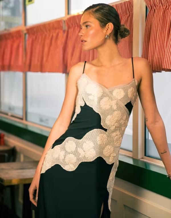 トップショップ レディース トップス ワンピース ミディワンピース ミディ コントラスト Topshop contrast raffia inserts midi dress Black ブラック