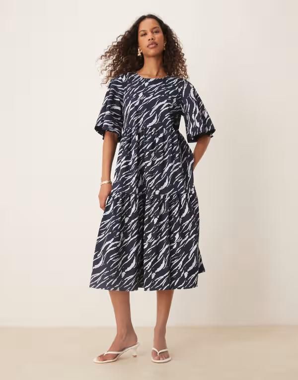 ジェイディーワイ レディース トップス ワンピース ティアード ミディワンピース プリント ミディ JDY tiered short sleeve midi dress zebra print NAV