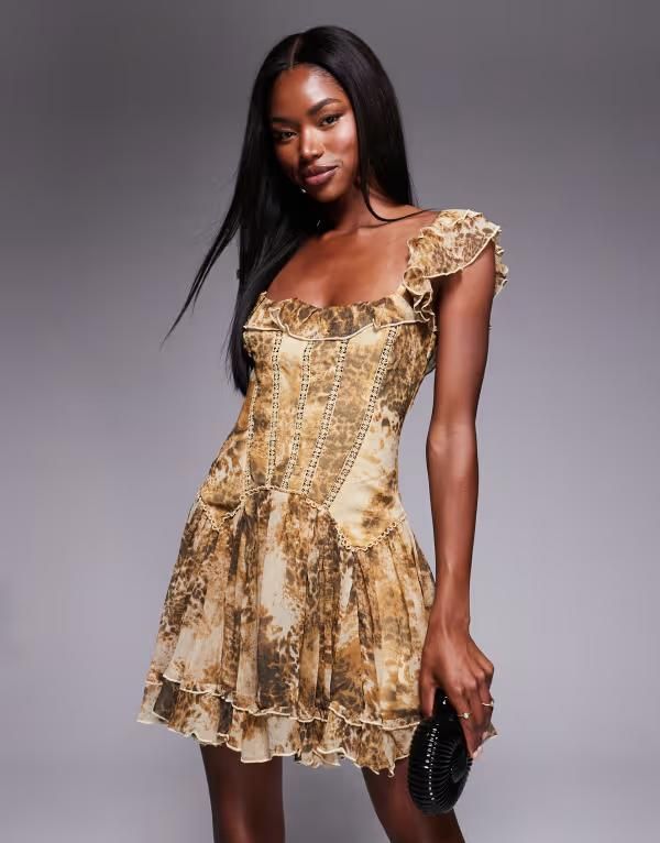 エイソス レディース トップス ワンピース アニマル柄 ミニワンピース プリント ミニ ASOS DESIGN frill mini dress with corset drop waist deta