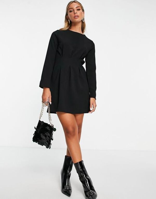 エイソス レディース トップス ワンピース ミニワンピース ミニ ASOS DESIGN nipped in waist long sleeve mini dress Black ブラック