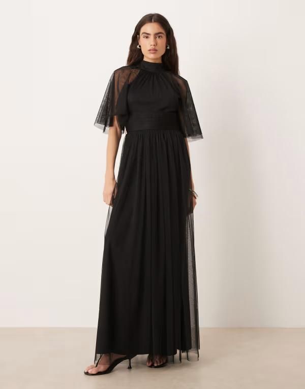 レース アンド ビーズ レディース トップス ワンピース チュール ハイネック シアー マキシ Lace Beads tulle high neck sheer flutter sleeve maxi