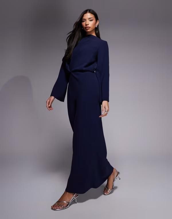 エイソス レディース トップス ワンピース マキシ ASOS DESIGN long sleeve tucked waist bias cut maxi dress in chocolate NAVY