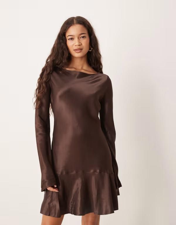 エイソス レディース トップス ワンピース ミニ サテン ASOS DESIGN satin drop waist mini dress in chocolate チョコレート