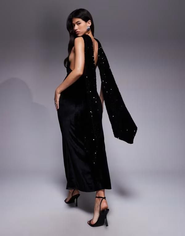 エイソス レディース トップス ワンピース オープンバック ベルベット スパンコール マキシ ASOS DESIGN velvet sequin maxi dress with scarf detai