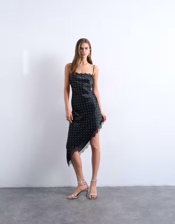 トップショップ レディース トップス ワンピース ドット柄 アシンメトリー レーストリム ドット ミディ サテン レース Topshop satin asymmetric lace trimidi s