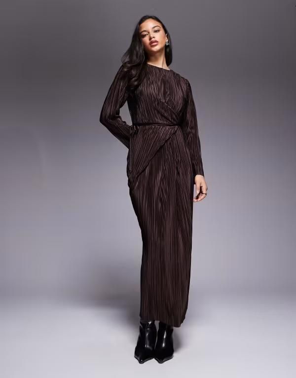 エイソス レディース トップス ワンピース マキシ ASOS DESIGN plisse long sleeve wrap tie waist maxi dress in chocolate チョコレ