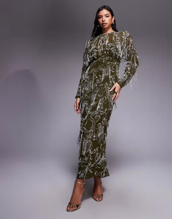 エイソス レディース トップス ワンピース マキシ フリンジ ASOS DESIGN long sleeve all over fringembellished maxi dress Khaki カー