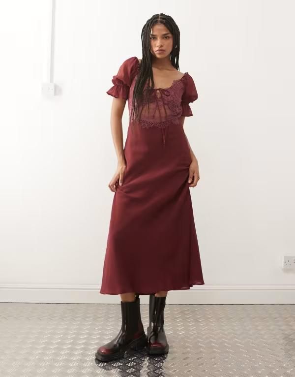 リクレイム ヴィンテージ レディース トップス ワンピース ミディ レース Reclaimed Vintage midi day dress with lace inserts Burgundy バー