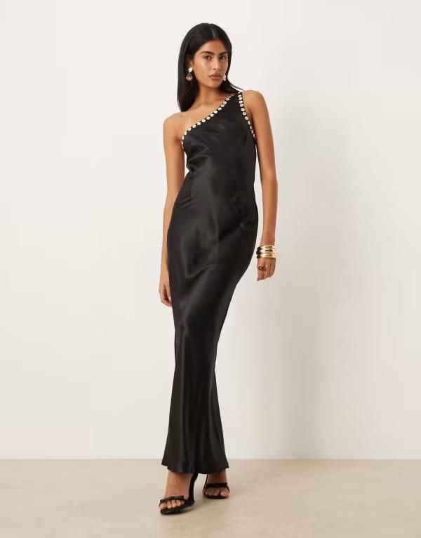 ネバーフリードレスド レディース トップス ワンピース サテン マキシ Never Fully Dressed satin one shoulder fauxpearl button detailin
