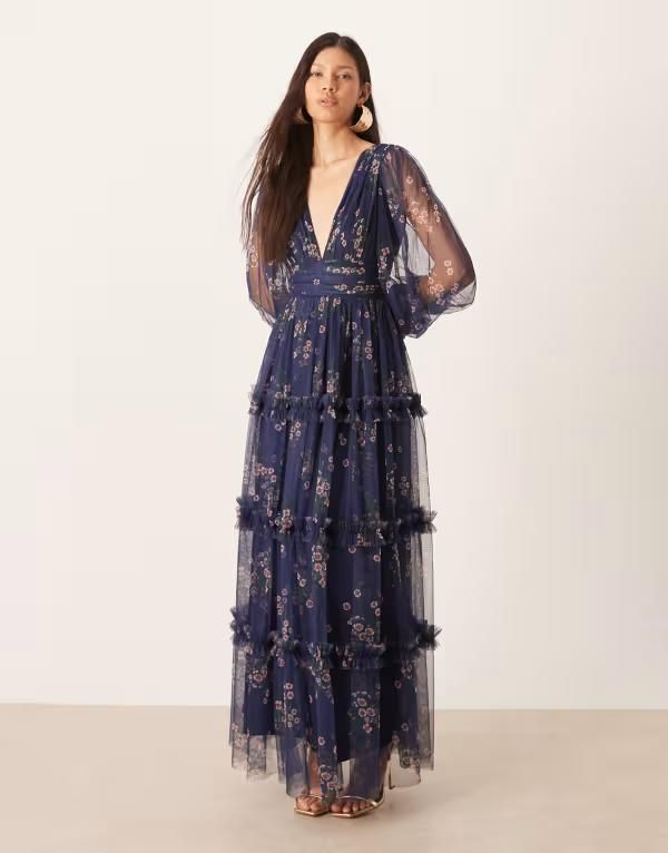 レース アンド ビーズ レディース トップス ワンピース Vネック フラワー柄 シアー マキシ フラワー Lace Beads deep vneck sheer bell sleeve maxi dr
