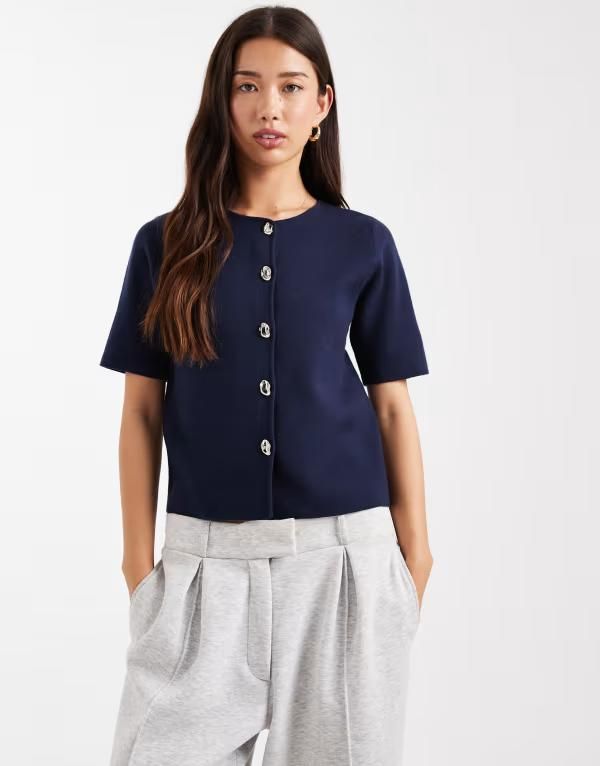 スリードベア レディース アウター カーディガン コントラスト ニット Threadbare short sleeve compact knit cardigan with contrast butt