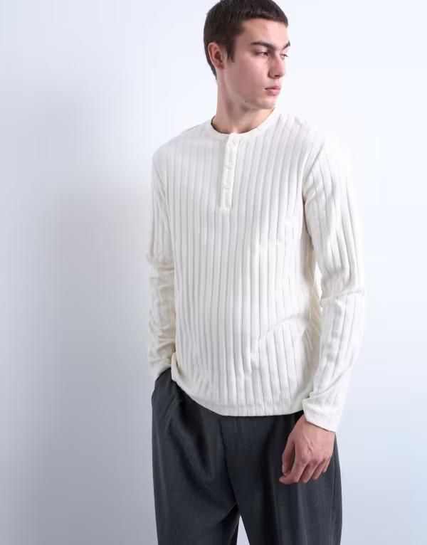 トップマン メンズ トップス Tシャツ リブ Topman long sleeve ribbed Henley tee in cream クリーム
