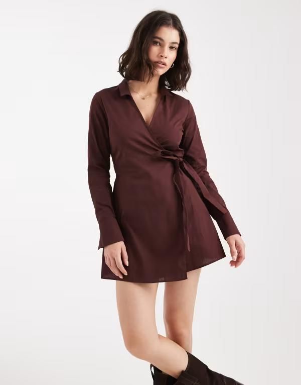 ミスセルフフリッジ レディース トップス ワンピース ミニワンピース ミニ Miss Selfridge poplin wrap mini dress in chocolate Chocolate チ