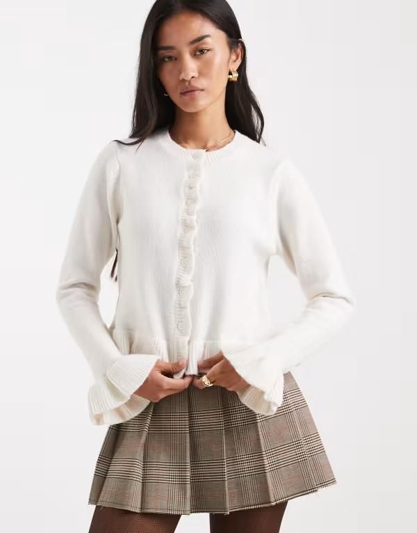 ブレーブソウル レディース アウター カーディガン クルーネック フリル ニット Brave Soul crew necknit cardigan with ruffle cuffs and hem