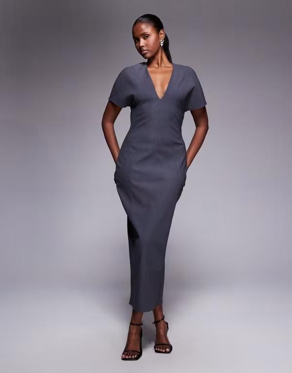 エイソス レディース トップス ワンピース Vネック ミディ ASOS DESIGN structured short sleeve vneck seamed midi dress in charco