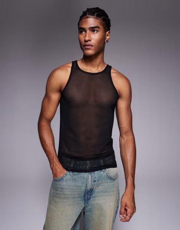 エイソス メンズ トップス Tシャツ メッシュ ASOS DESIGN muscle fit tank top with high scoop neck mesh Black ブラック
