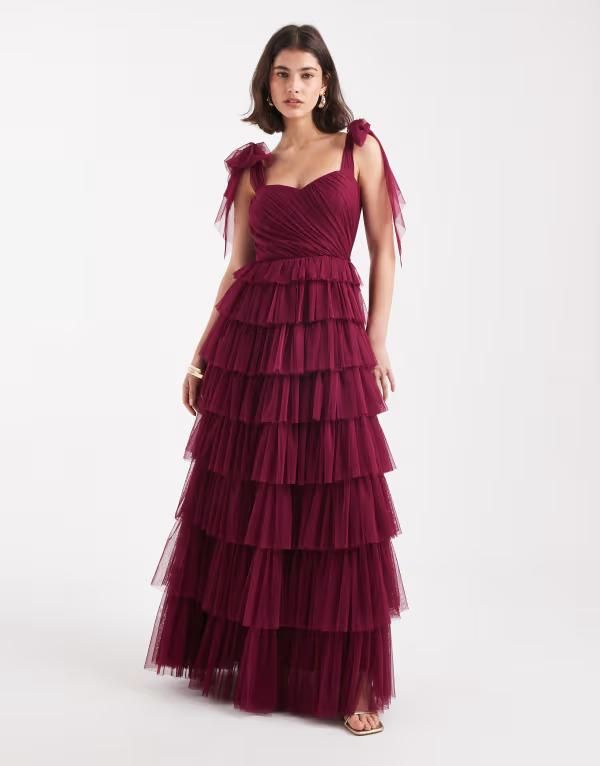 レース アンド ビーズ レディース トップス ワンピース チュール マキシワンピース マキシ Lace Beads Bridesmaid bow shoulders tulle maxi dress 32,370円
