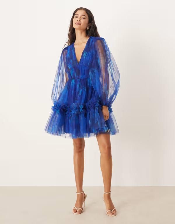 レース アンド ビーズ レディース トップス ワンピース バルーンスリーブ ミニワンピース フラワー柄 ミニ フラワー Lace Beads balloon sleeves organza mini