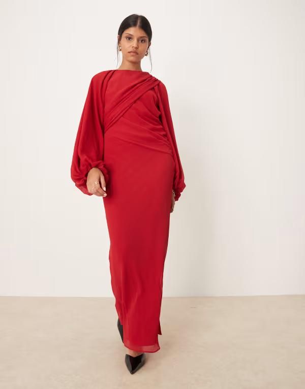 エイソス レディース トップス ワンピース ドレープ マキシ ASOS DESIGN drape front maxi dress with blouson sleeves Red レッド