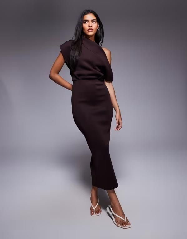 エイソス レディース トップス ワンピース ミディ スキューバ ASOS DESIGN dramatic neckline midi dress in chocolate in scubastyle
