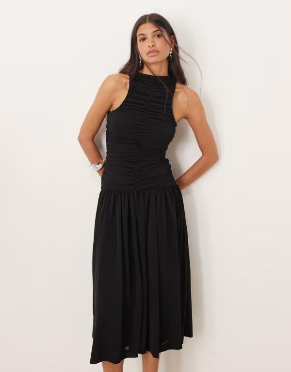 マンゴ レディース トップス ワンピース ギャザー Mango dropped hem ruched midaxi dress Black ブラック