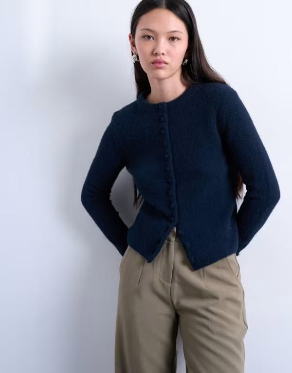 トップショップ レディース アウター カーディガン ニット Topshop knit covered buttons cardiganavy ネイビー