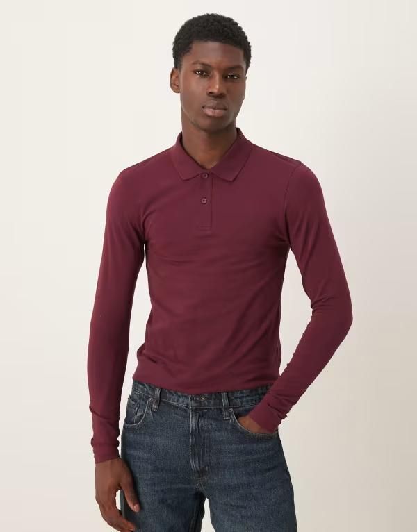 エイソス メンズ トップス ポロシャツ ASOS DESIGN Essentials muscle fit long sleeve polo Port royale バーガンディ