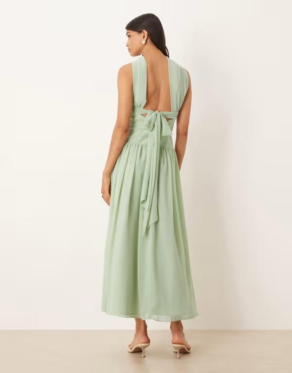 エイソス レディース トップス ワンピース ミディワンピース ミディ ASOS DESIGN scarf tie back dropped waist midi dress in sage SAGE