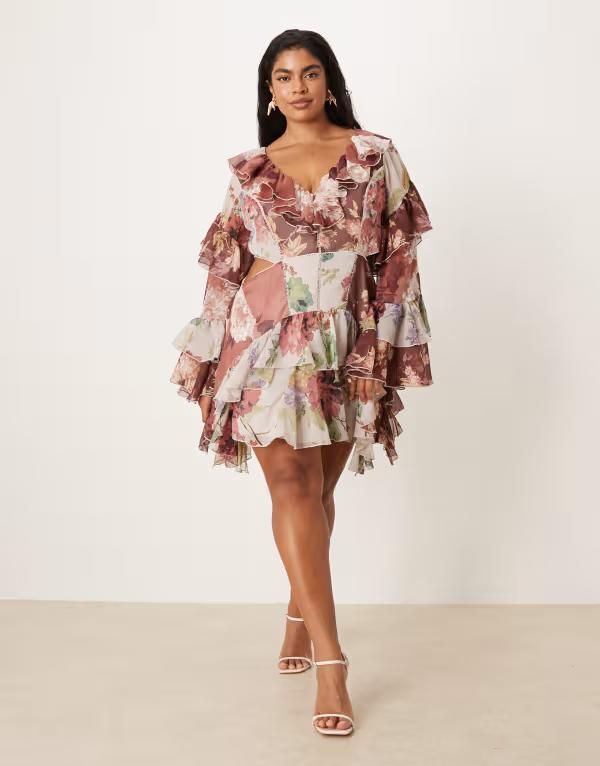エイソス レディース トップス ワンピース カットアウト フラワー柄 プリント フリル ミニ フラワー ASOS Curve ASOS DESIGN Curve ruffle godet flare