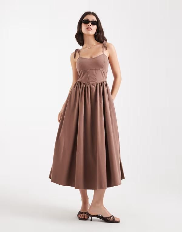 エイソス レディース トップス ワンピース ミディワンピース ミディ デニム ASOS DESIGN denim ballerina midi dress in mocha Mocha モカ