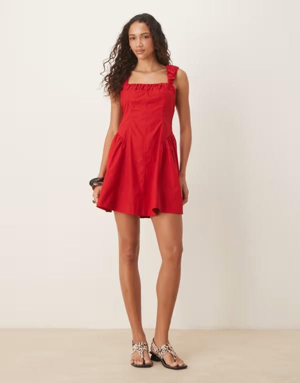 エイソス レディース トップス ワンピース ミニワンピース ギャザー ミニ キャップ ASOS DESIGN ruched cap sleeve waisted mini dress red レッド