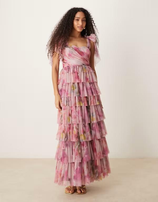 レース アンド ビーズ レディース トップス ワンピース チュール ティアード フラワー柄 マキシ フラワー Lace Beads bow shoulders tiered tulle maxi dr