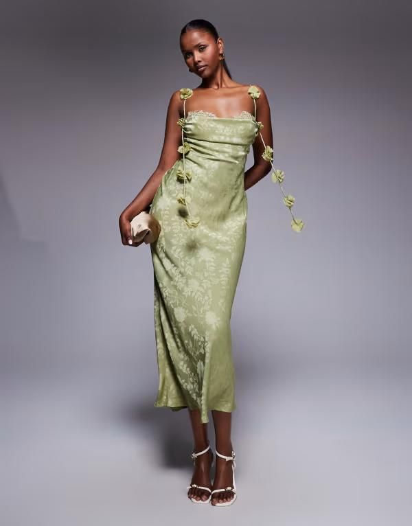 レア レディース トップス ワンピース サテン レース マキシ Rare London satin jacquard lace bust petal strap detail maxi dress i